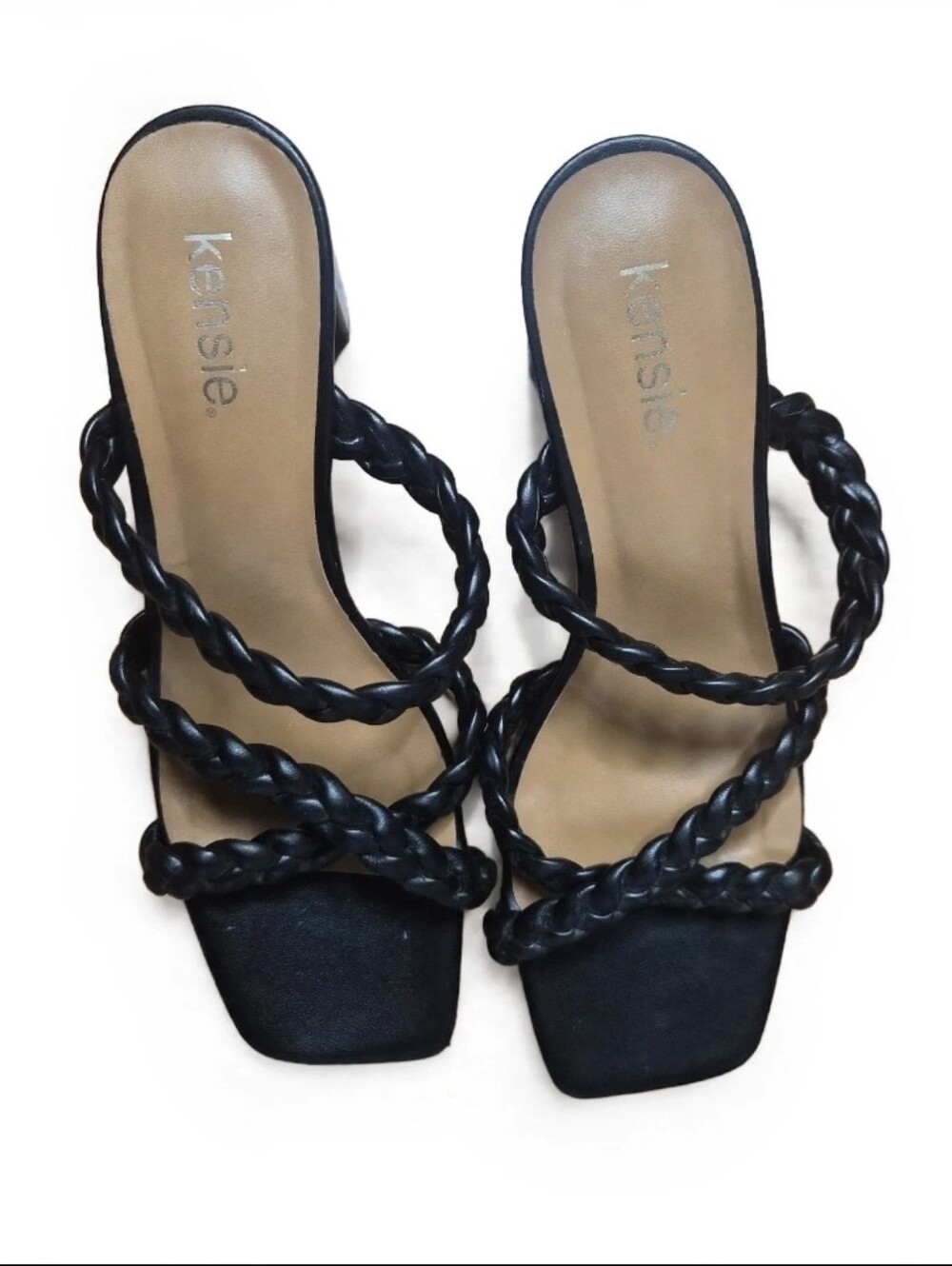 Kensie Braided Black Slide Sandals | Square Toe Block Heel | Size 9.5